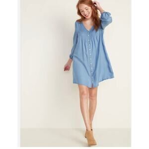 Old Navy Chambray Pleated V-Neck  Button Front Swing Dress Size M